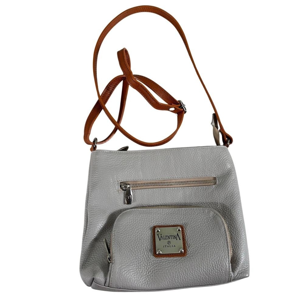 Valentina Italia Grey Pebbled Leather Crossbody Bag Brown Strap Made in‎ Italy